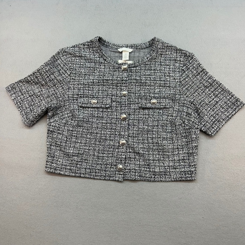 NWT H&M Women Black White Tweed Boucle Cropped Short Sleeve Jacket Size M